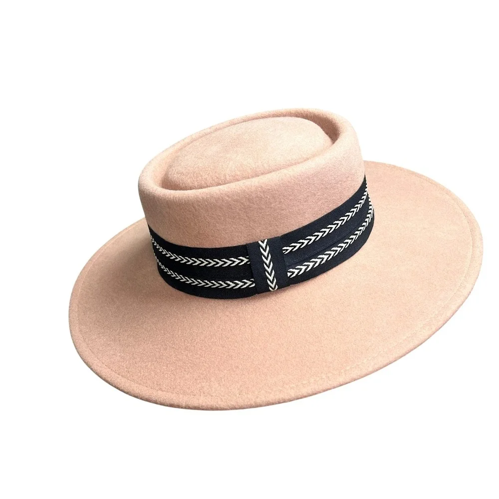Tan 100% Wool Wide Brim Boater Hat with Chevron Ribbon Band